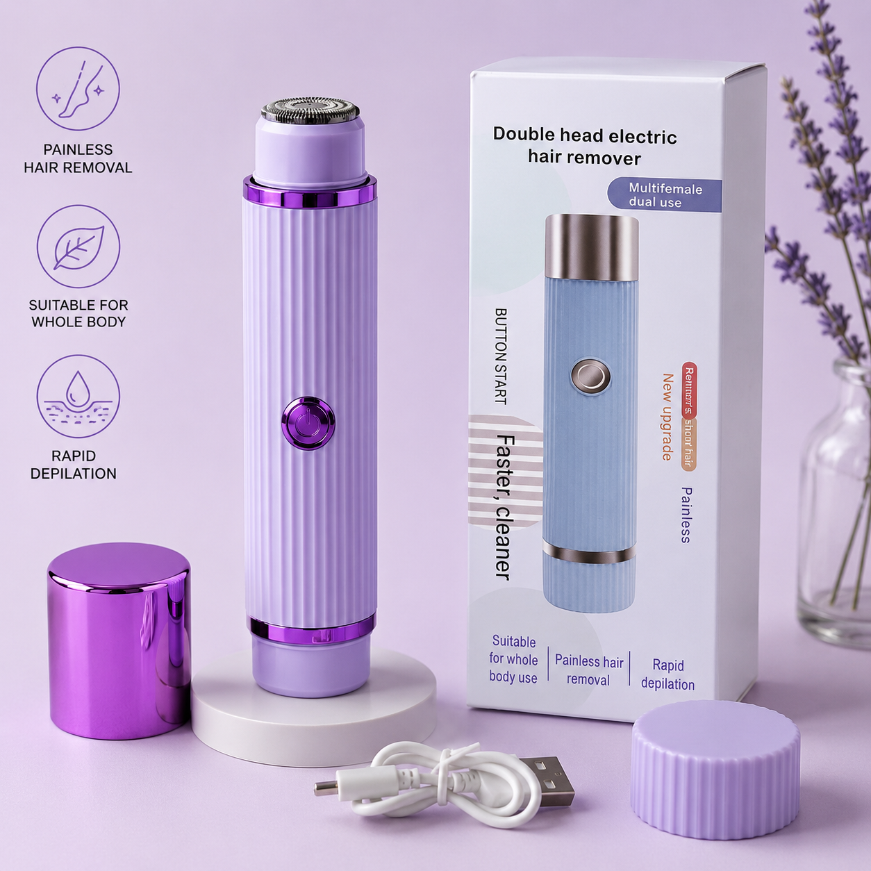 2-in-1 USB rechargeable electric facial and body hair remover with dual shaving heads for women and men