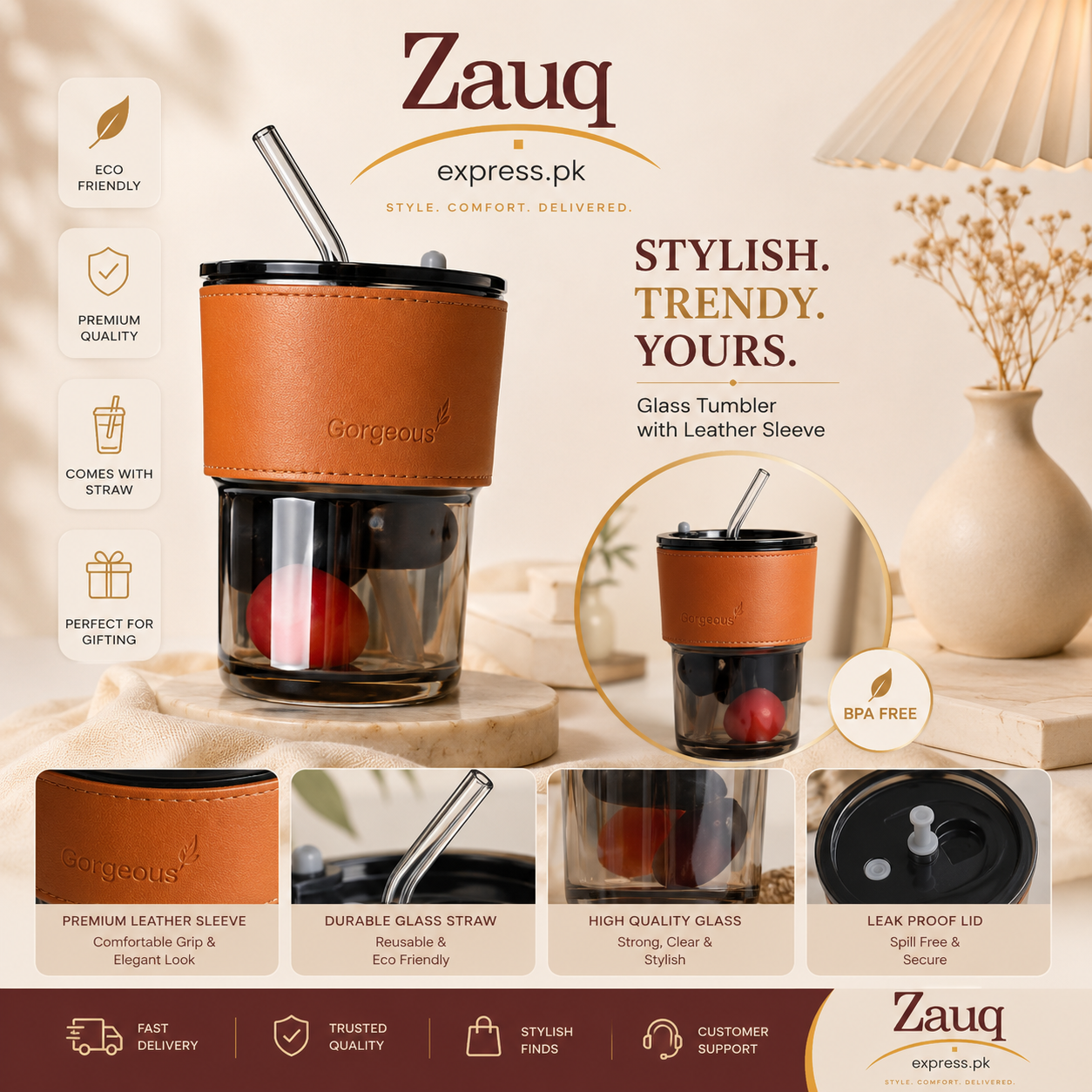 Premium Leather-Sleeve Glass Tumbler