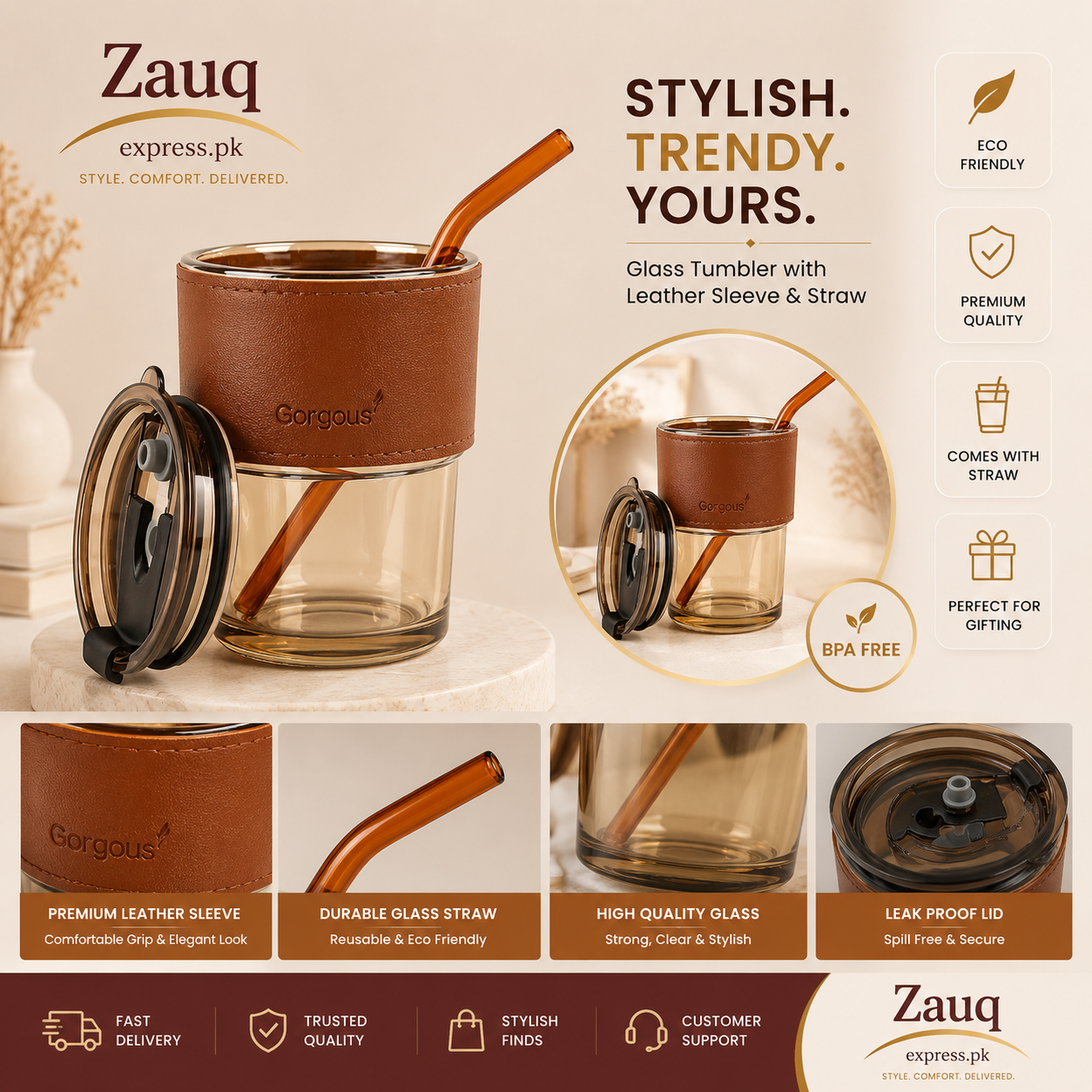Premium Leather-Sleeve Glass Tumbler