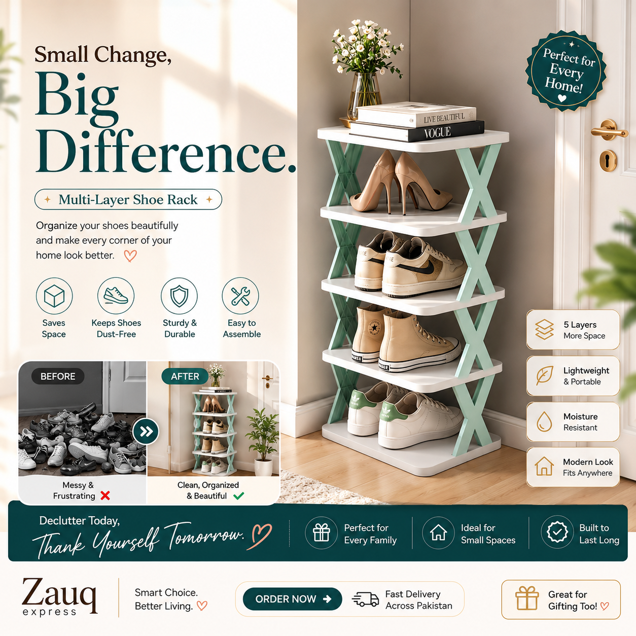 A promotional graphic for a multi-layer shoe rack. The right side shows the mint green and white X-frame shoe rack holding several pairs of shoes in a styled room setting.