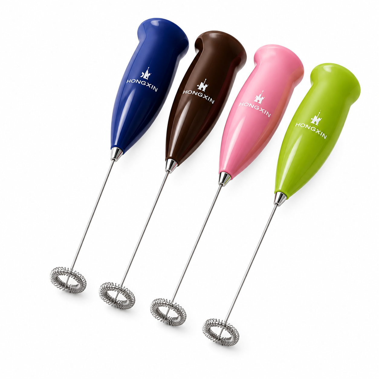Four HONOKIN mini handheld milk frothers with glossy handles in blue, brown, pink, and green, arranged diagonally on a clean white background.
