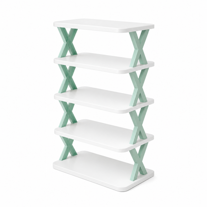 A 5-tier shoe rack with white shelves and mint green X-shaped metal side supports, shown on a solid white background.