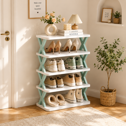 A 4-tier shoe rack with white shelves and mint green X-shaped side supports, styled with various shoes and home decor in a bright, sunlit room.