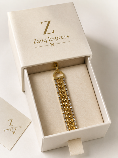 Gold Stainless Steel Double Chain Crystal Bracelet