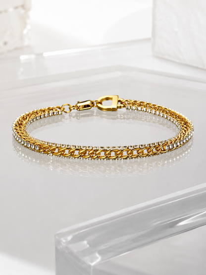 Gold Stainless Steel Double Chain Crystal Bracelet
