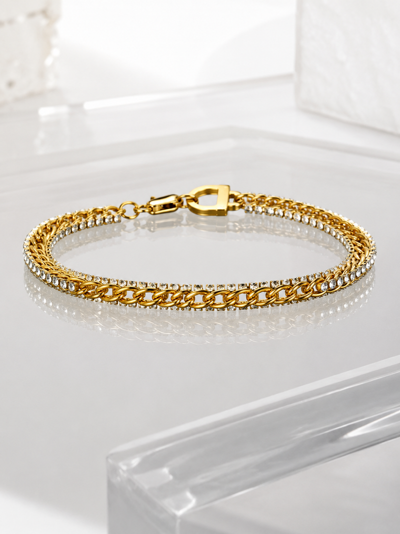 Gold Stainless Steel Double Chain Crystal Bracelet