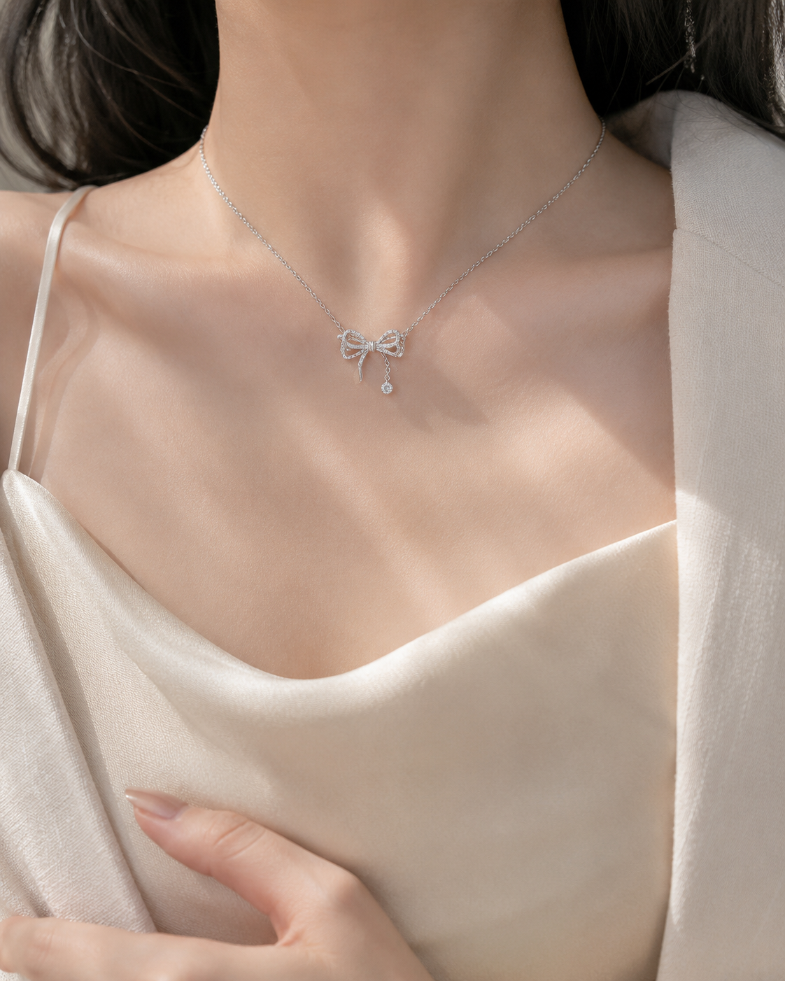 Silver Bow Crystal Necklace for Women