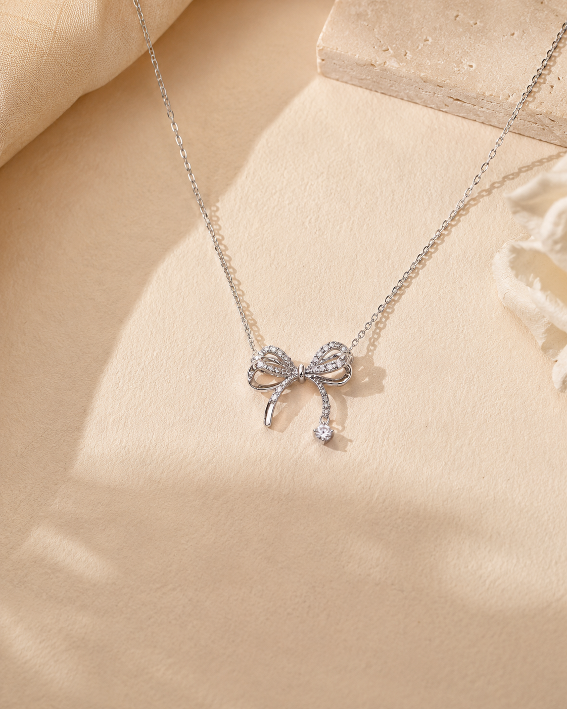 Silver Bow Crystal Necklace for Women