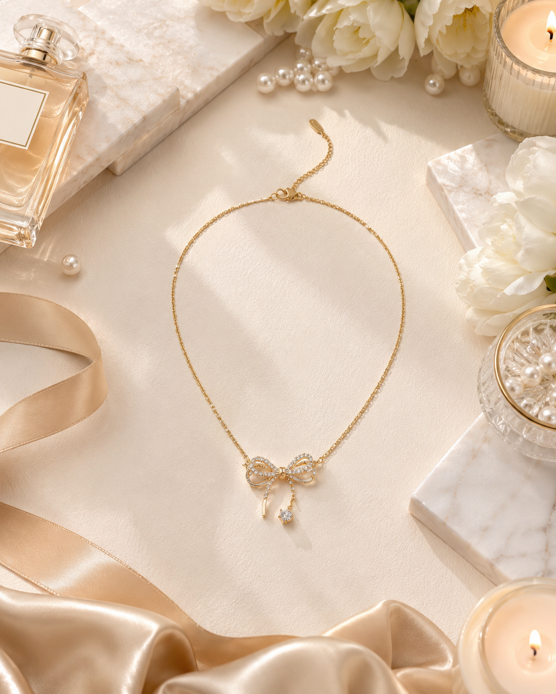 Silver Bow Crystal Necklace for Women