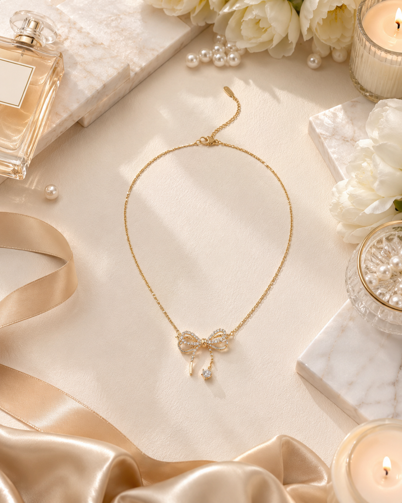 Silver Bow Crystal Necklace for Women