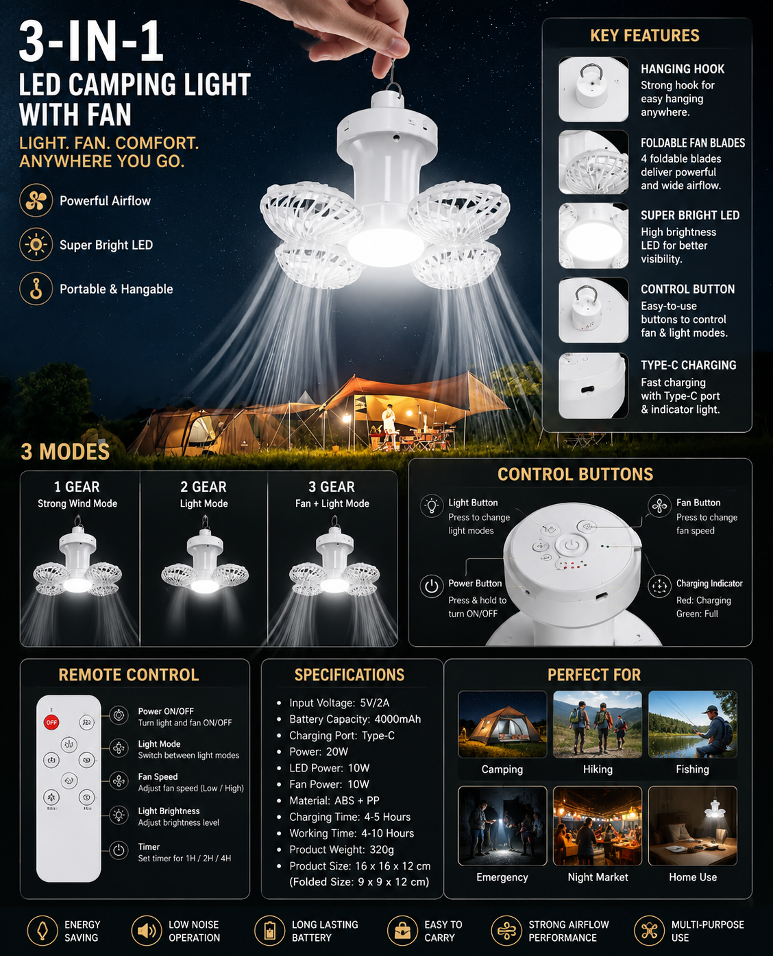 Rechargeable 3-in-1 Camping Fan with LED Light & Hanging Hook