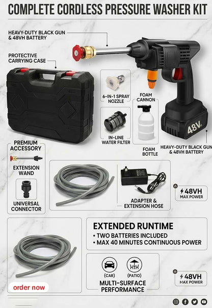 48V Cordless Portable Pressure Washer Kit with 2 Batteries